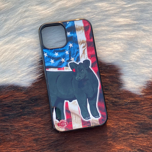 Black Angus Steer Phone Case Design - Wrinkled USA Flag - iPhone and Samsung