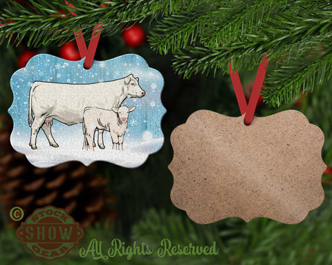 Charolais Cow Calf-Snow Scene Wood Christmas Ornament