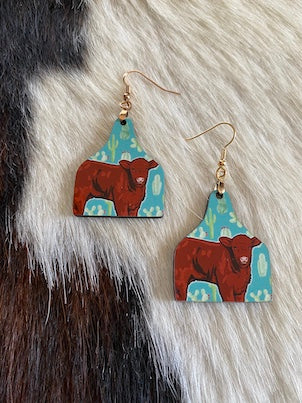 Red Angus Calf Earrings-Cactus Print
