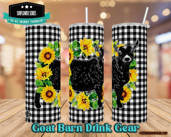 20oz skinny straw tumbler featuring a black agouti Pygmy Goat  in a Sunflower Wreath printed on a black and white gingham background from Stock Show Gear