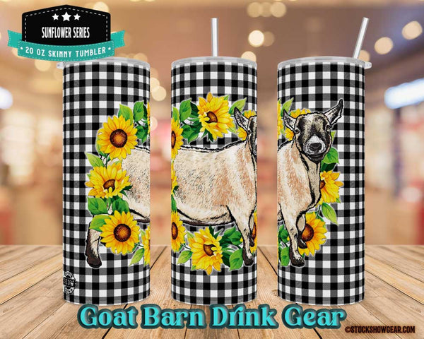 20oz skinny straw tumbler featuring a Caramel Tan Pygmy Goat  in a Sunflower Wreath printed on a black and white gingham background from Stock Show Gear