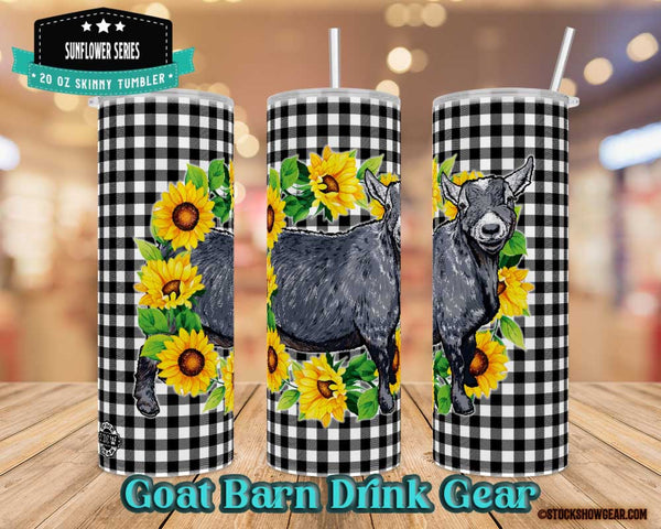 20oz skinny straw tumbler featuring a gray Pygmy Goat  in a Sunflower Wreath printed on a black and white gingham background from Stock Show Gear