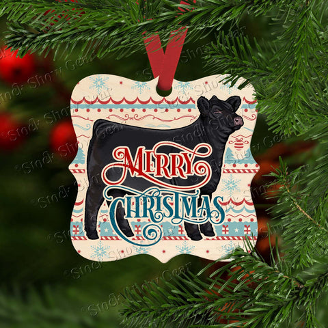 Black Angus Heifer Wooden Prague Shape Christmas Ornament