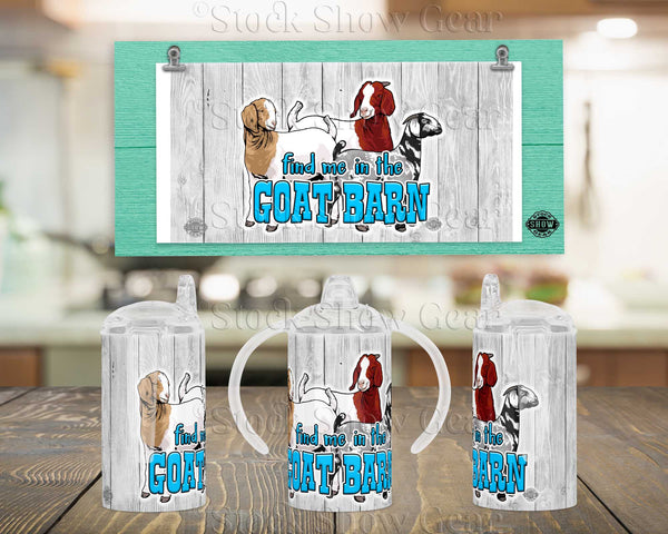 Mock up of Three Boer Goats and "Find Me in the Goat Barn"™ on a sippy tumbler with handles. 