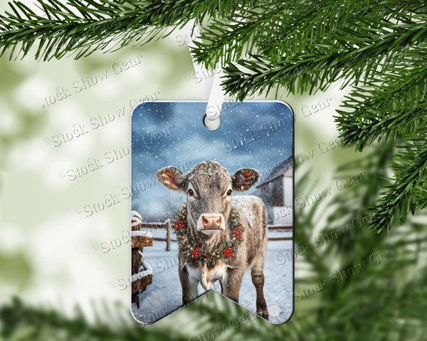 Cute Cow Snow Scene Wood Christmas Ornament