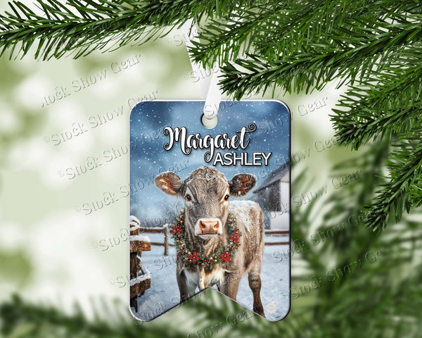 Cute Cow Snow Scene Wood Christmas Ornament