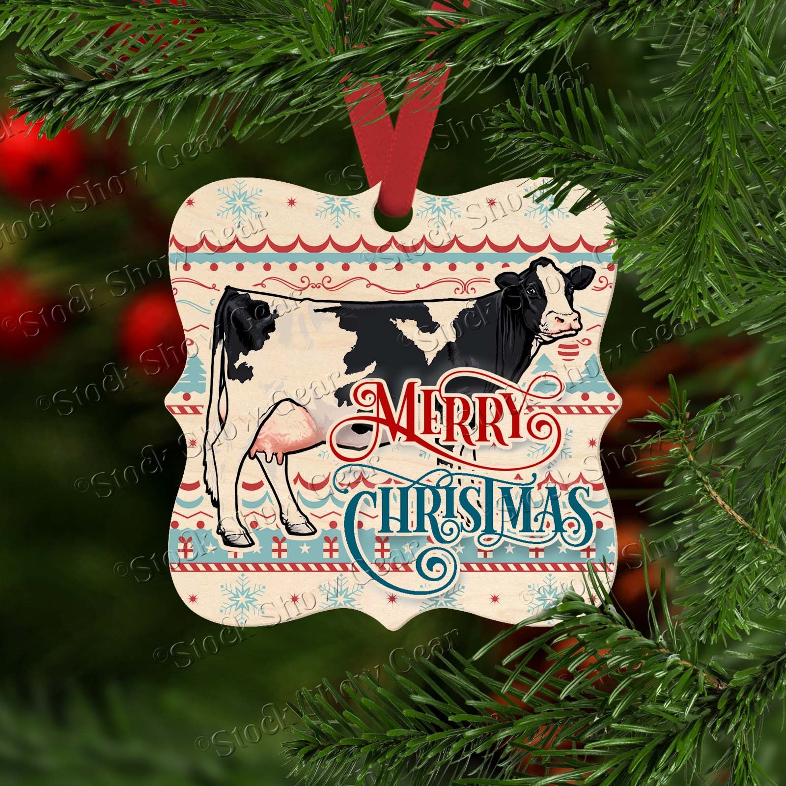 Black Holstein Dairy Cow Wooden Prague Shape Christmas Ornament