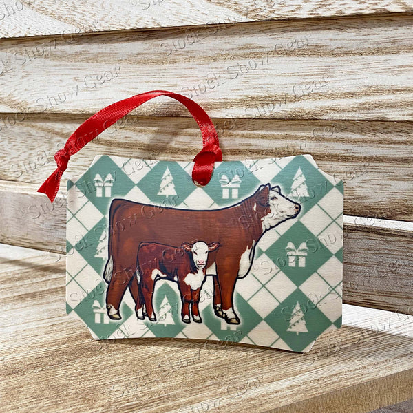 Red Hereford Cattle Argyle Christmas Ornaments