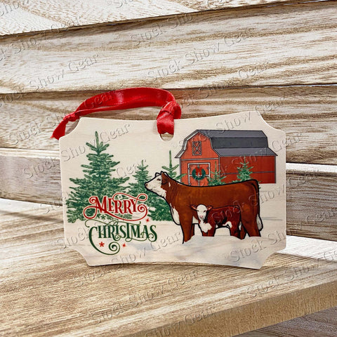 Winter Scene Red Hereford Cattle Christmas Ornament