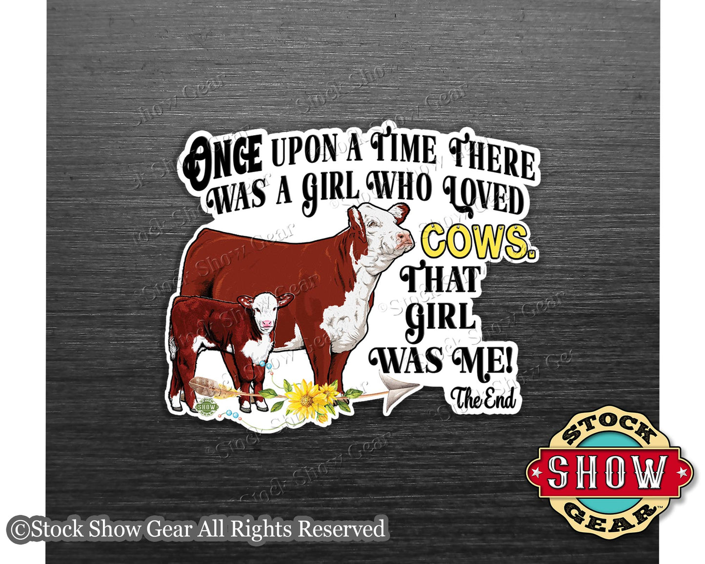 3 inch strong magnet with cows and text 'Once upon a time there was a girl who loved cows. That girl was me!' on a dark background.