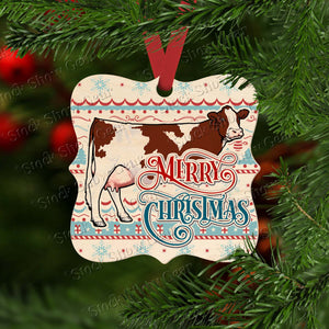 Red and White Dairy Cow Wooden Prague Shape Christmas Ornament
