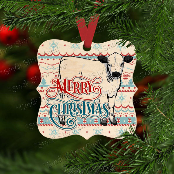 White Park Heifer and Calf Wooden Prague Shape Christmas Ornaments