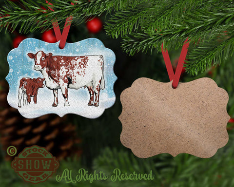 Shorthorn Cow Calf-Snow Scene Wood Christmas Ornament