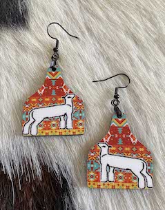 White Show Lamb Earrings-Multi-Colored Southwest Print