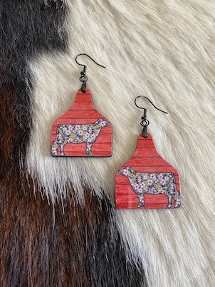 Dairy Cow Earrings - Gray Floral Pattern - Coral Wood Design - Clearance