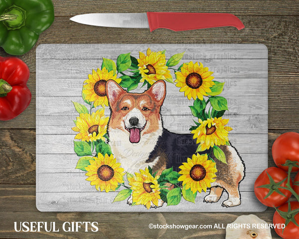 Tri-Corgi "Sunflower Wreath" Cutting Boards