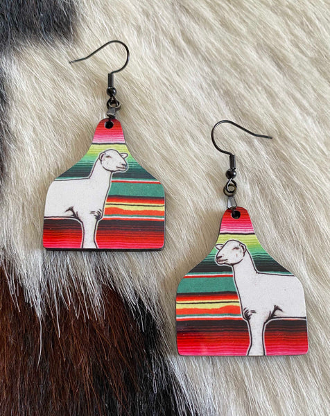 White Lamb Earrings-Mexican Serape Print