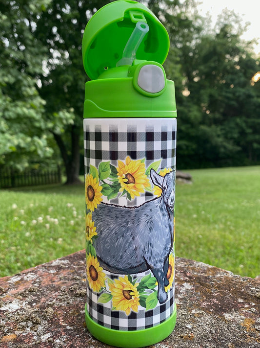 Pygmy Goat Sunflower Wreath-12oz Flip Sip Tumblers-Gingham Print