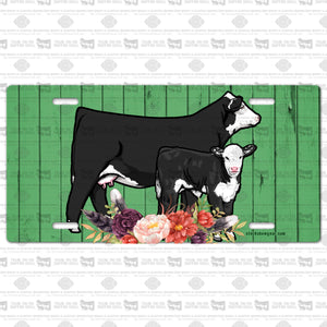 Black Hereford Cow Calf Pair License Plate-Green Wood