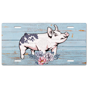 Blue Butt Pig Livestock License Plate-Floral Design