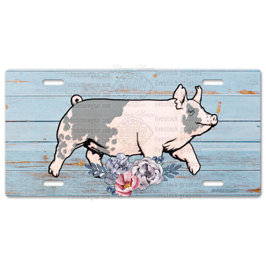 Blue Butt Pig Livestock License Plate-Floral Design