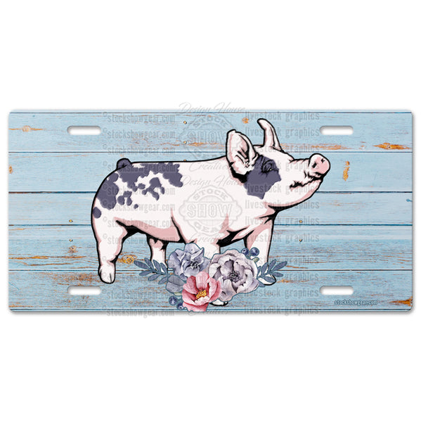 Blue Butt Pig Livestock License Plate-Floral Design