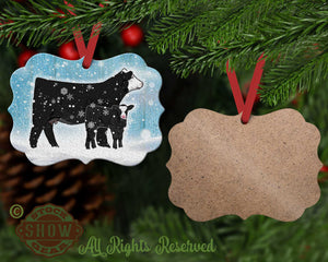 Black Baldy Cow Calf-Snow Scene Wood Christmas Ornament