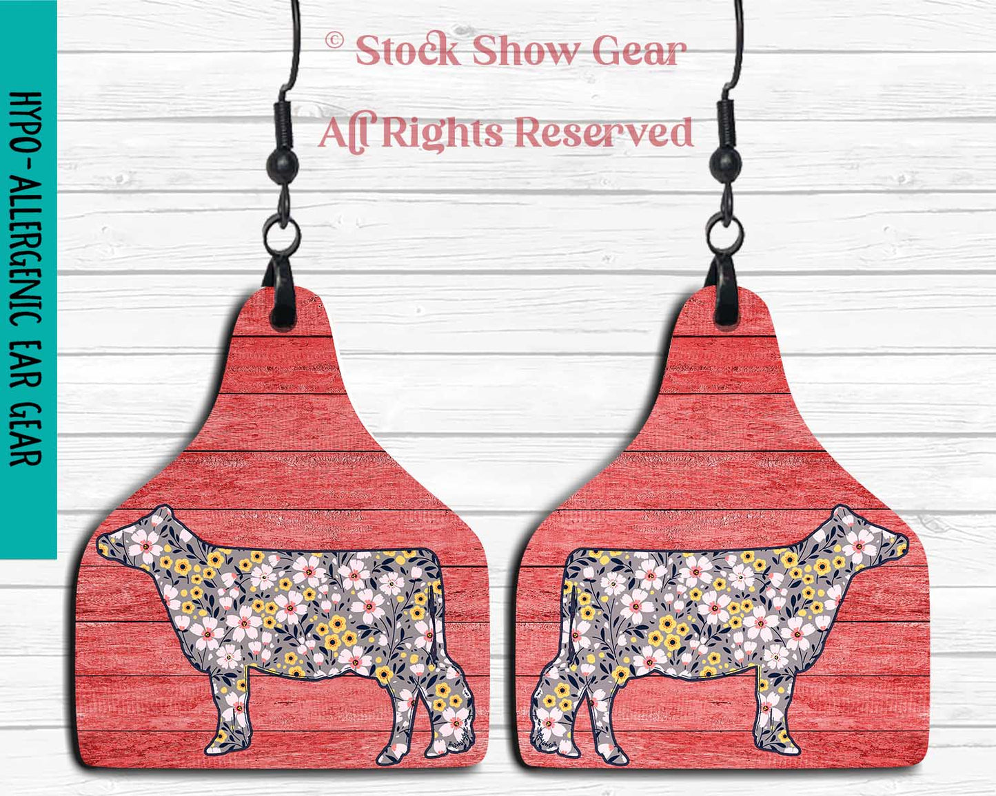 Dairy Cow Earrings - Gray Floral Pattern - Coral Wood Design - Clearance