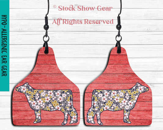Dairy Cow Earrings - Gray Floral Pattern - Coral Wood Design - Clearance
