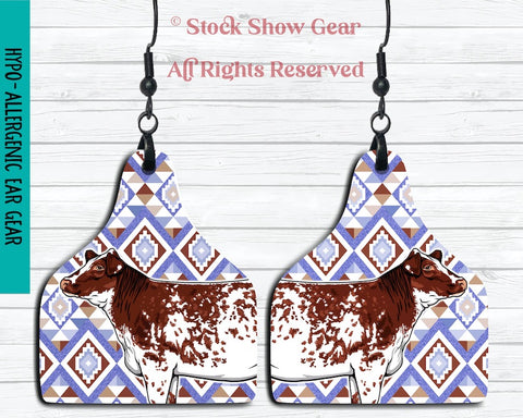 Red shorthorn heifer and lavender southwest print on ear tag shaped earrings