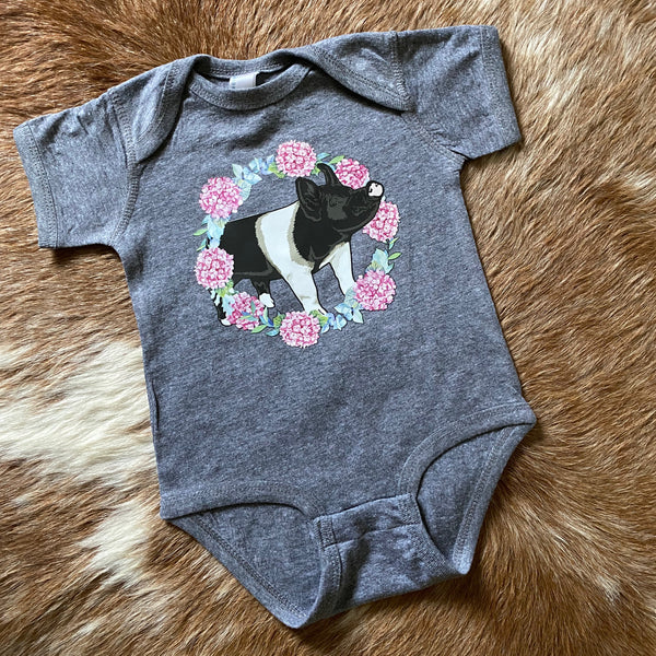 Hampshire Pig Hydrangea Wreath Tees and Bodysuits