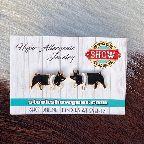 Hampshire pig enamel hypo-allergenic post earrings displayed on card.