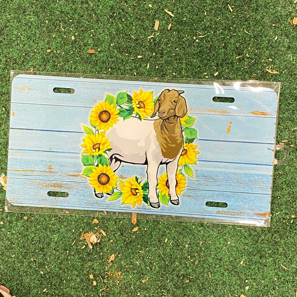 Tan-White Boer Goat-Sunflower Wreath License Plate