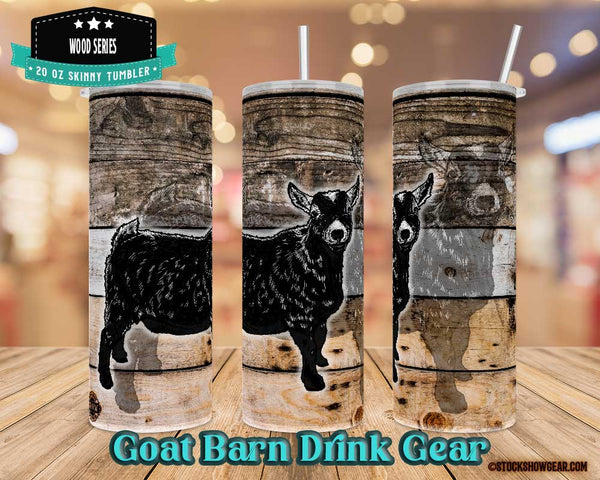 20oz Straw Tumbler featuring a cool double-image of a Stock Show Gear black pygmy doe on an aged siding wood print